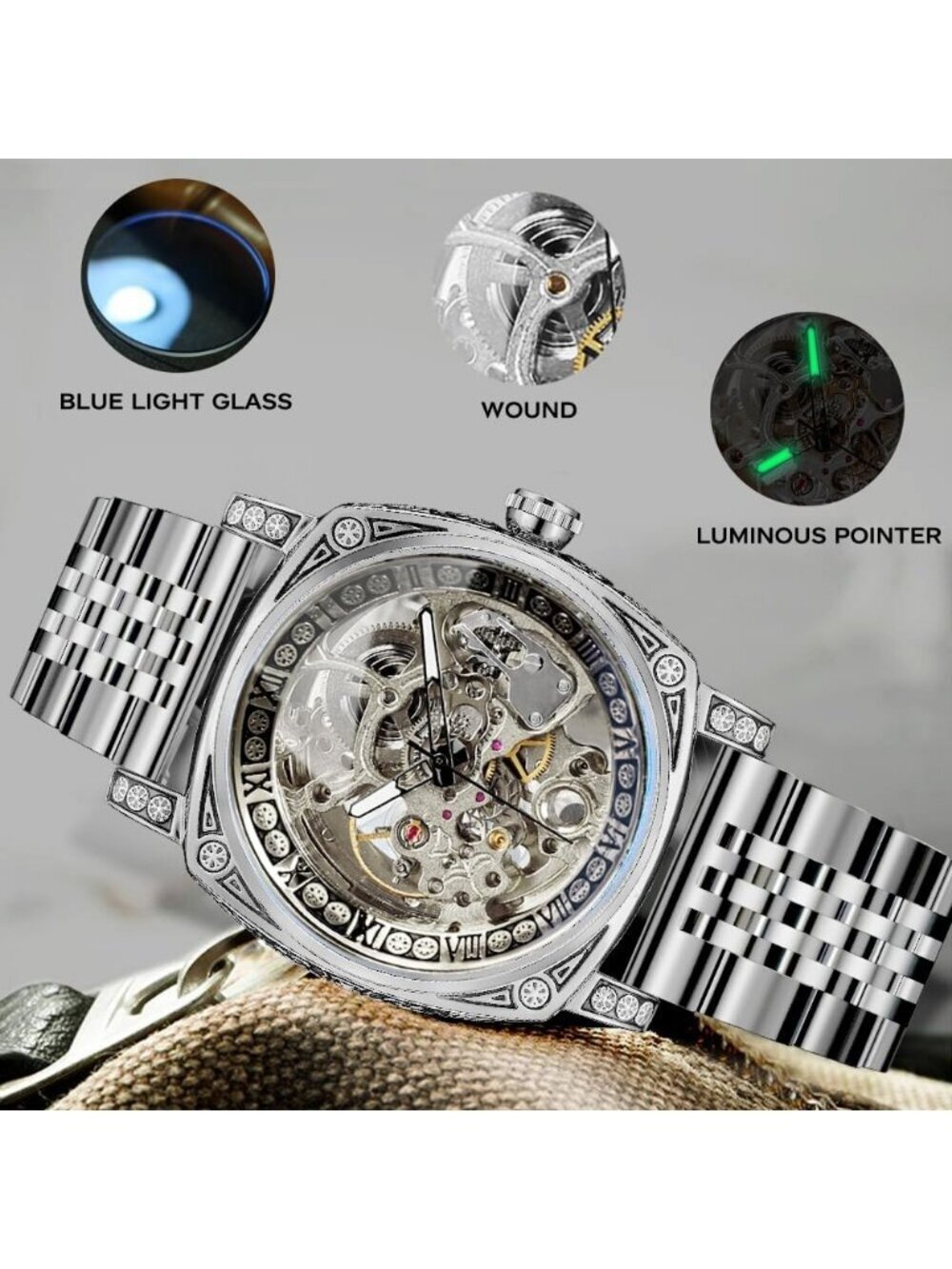 Men's Silver Square Mechanical Stainless Steel Self-Wind Carved Automatic Watch - Picture 5 of 7